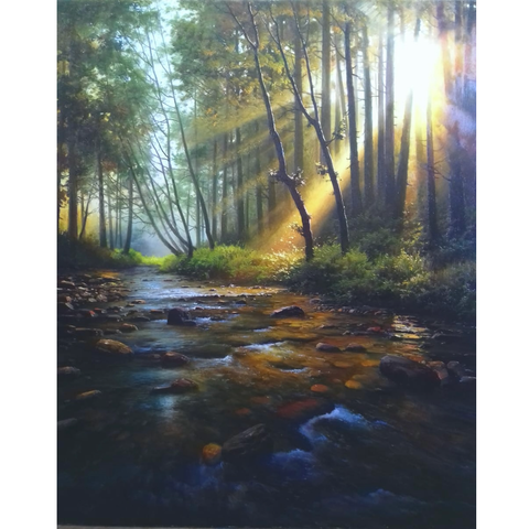 A Ray Of Light In A Forest Stream  - Oil Painting - Artezaar.com Online Art Gallery