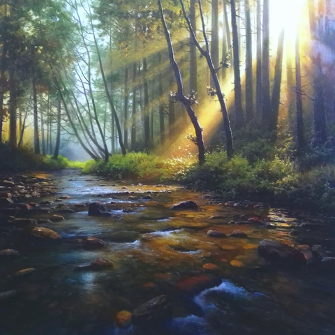 A Ray Of Light In A Forest Stream  - Oil Painting - Artezaar.com Online Art Gallery
