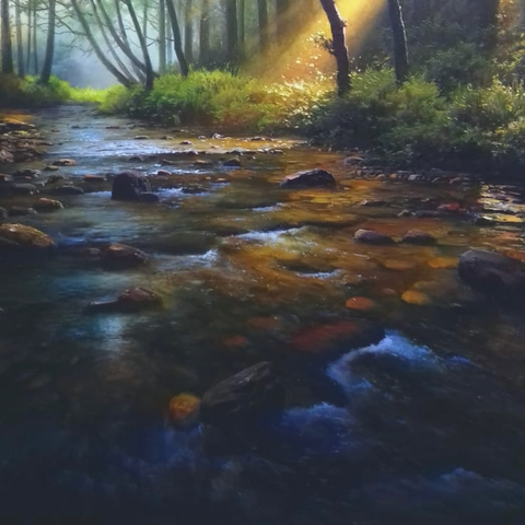 A Ray Of Light In A Forest Stream  - Oil Painting - Artezaar.com Online Art Gallery