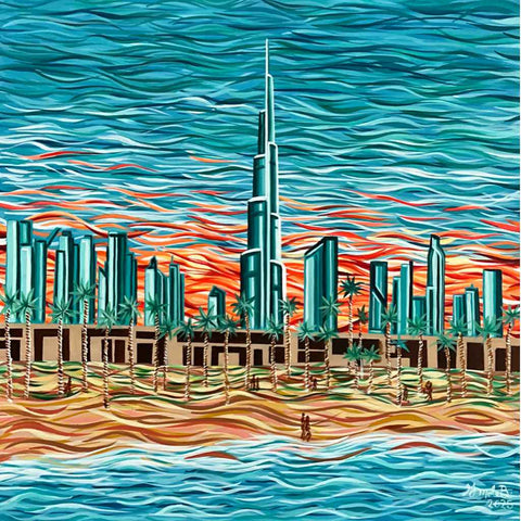 A song of turquoise by the Burj Khalifa Abstract Acrylic Painting Buy Now on Artezaar.com Online Art Gallery Dubai UAE