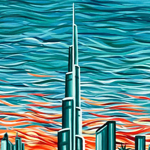 A song of turquoise by the Burj Khalifa Abstract Acrylic Painting Buy Now on Artezaar.com Online Art Gallery Dubai UAE