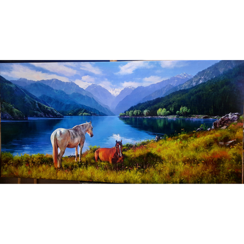 At The Edge Of The Blue Lake - Oil Painting - Artezaar.com Online Art Gallery