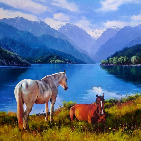 At The Edge Of The Blue Lake - Oil Painting - Artezaar.com Online Art Gallery