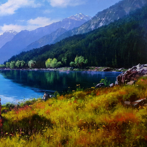 At The Edge Of The Blue Lake - Oil Painting - Artezaar.com Online Art Gallery