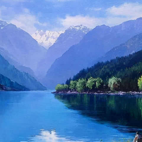 At The Edge Of The Blue Lake - Oil Painting - Artezaar.com Online Art Gallery