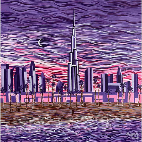 Burj Khalifa in a purple night Abstract Acrylic Painting Buy Now on Artezaar.com Online Art Gallery Dubai UAE