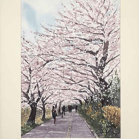 Cherry Blossom Avenue - Watercolor Painting - Artezaar.com Online Art Gallery
