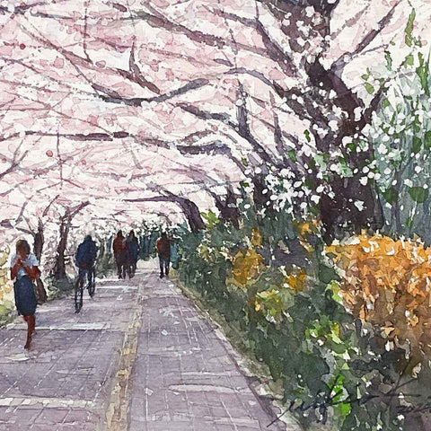 Cherry Blossom Avenue - Watercolor Painting - Artezaar.com Online Art Gallery