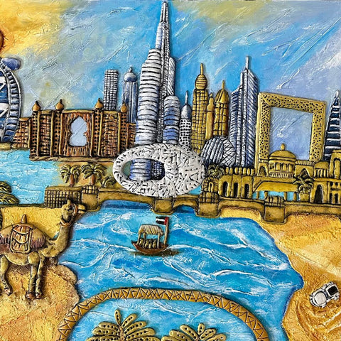 City Of Gold And Blue Mixed Media  Painting Buy Now on Artezaar.com Online Art Gallery Dubai UAE

