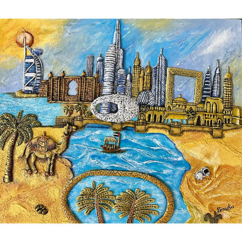 City Of Gold And Blue Mixed Media  Painting Buy Now on Artezaar.com Online Art Gallery Dubai UAE

