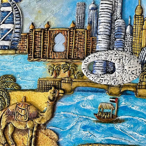 City Of Gold And Blue Mixed Media  Painting Buy Now on Artezaar.com Online Art Gallery Dubai UAE
