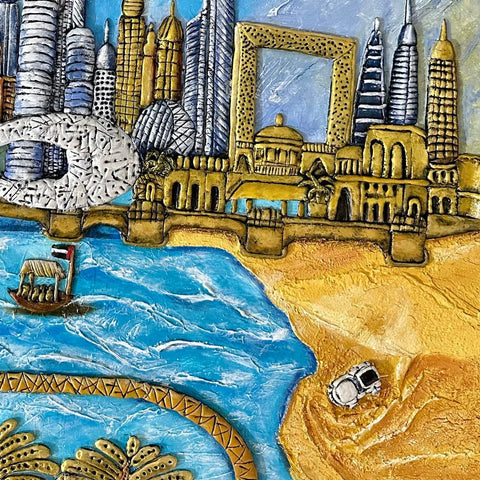 City Of Gold And Blue Mixed Media  Painting Buy Now on Artezaar.com Online Art Gallery Dubai UAE
