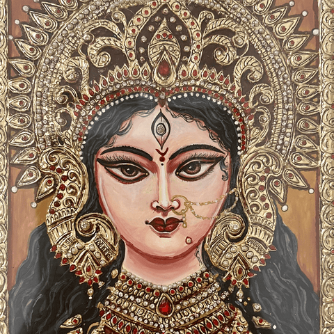 Divine Grace | Tanjore Portrait Of Goddess Durga - Mixed Media - Artezaar.com Online Art Gallery