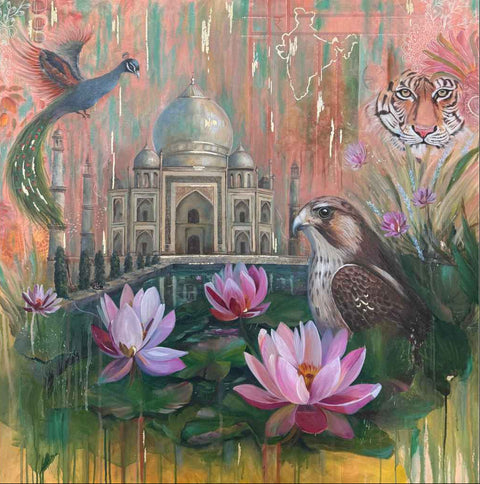 Echoes of India, Eyes of the Falcon Mixed Media Painting Buy Now on Artezaar.com Online Art Gallery Dubai UAE