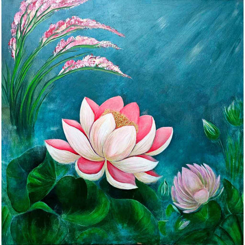 Mystical Tranquility: Lotus blossom in a foggy morning Fine Acrylic painting Buy Now on Artezaar.com Online Art Gallery Dubai UAE