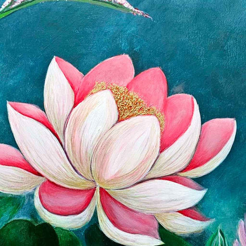 Mystical Tranquility: Lotus blossom in a foggy morning Fine Acrylic painting Buy Now on Artezaar.com Online Art Gallery Dubai UAE