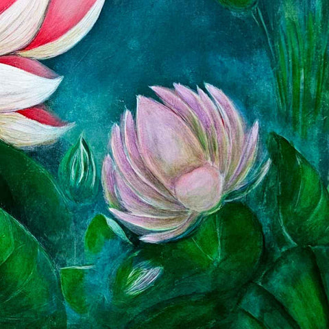 Mystical Tranquility: Lotus blossom in a foggy morning Fine Acrylic painting Buy Now on Artezaar.com Online Art Gallery Dubai UAE