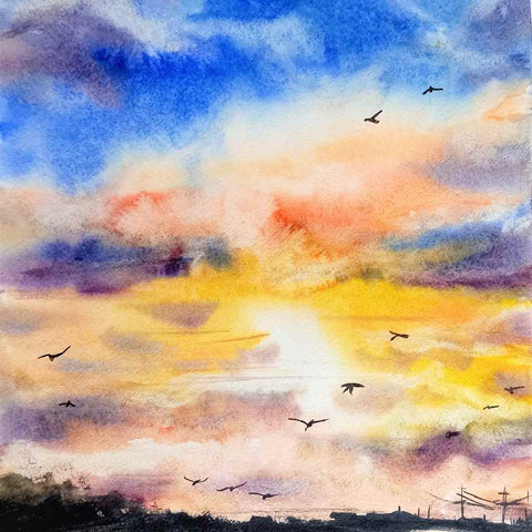Of Flights And Sunsets Watercolor Painting Buy Now on Artezaar.com Online Art Gallery Dubai UAE