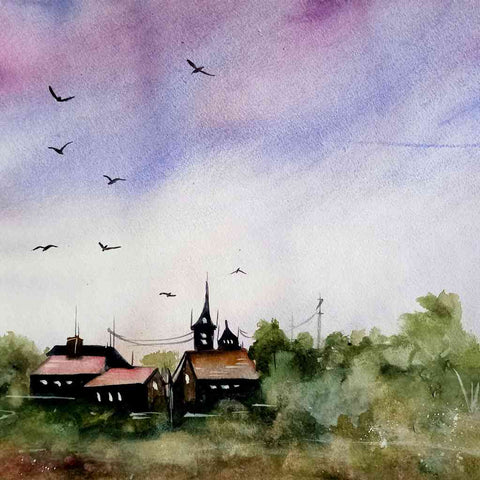 On The Outskirts Watercolor Painting Buy Now on Artezaar.com Online Art Gallery Dubai UAE