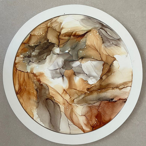 Round abstract artwork with brown, gray, and white colors on a gray background. Out of woods Abstract Mixed media painting Buy Now on Artezaar.com Online Art Gallery Dubai UAE
