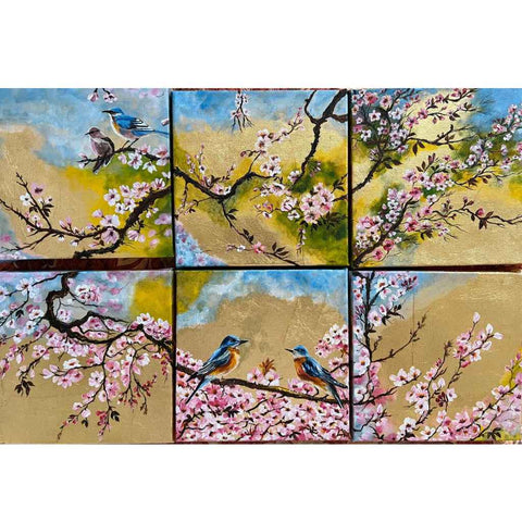 Sakura Blooms (Set of 6) - Acrylic Painting - Artezaar.com Online Art Gallery
