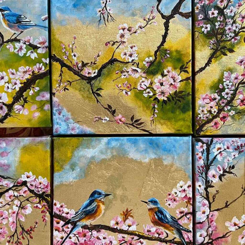 Sakura Blooms (Set of 6) - Acrylic Painting - Artezaar.com Online Art Gallery