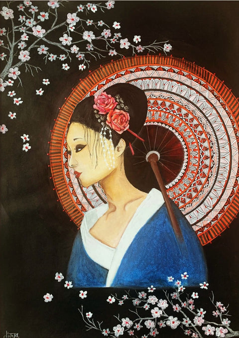 Japanese girl by Divya Singla Mixed media painting Buy now on artezaar.com Online Art Gallery