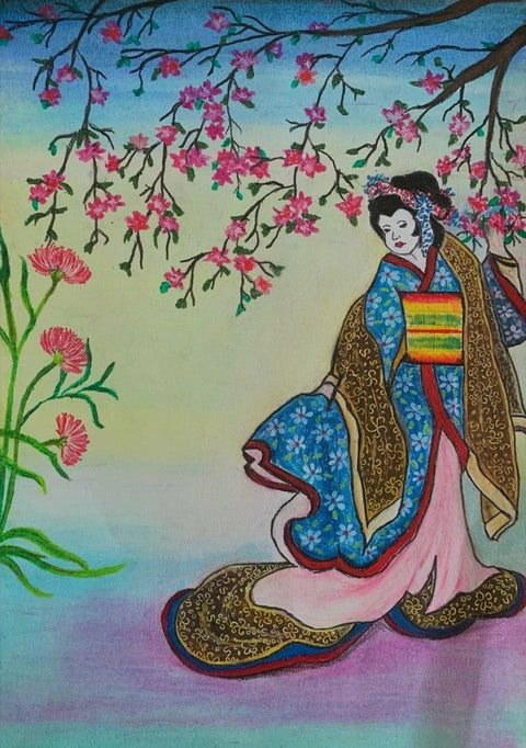 Japanese Lady Fine Art Mixed Media Painting Buy Now on Artezaar.com Online Art Gallery Dubai UAE