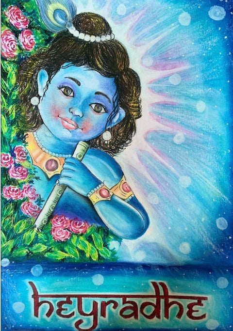 Indian Blessings of Krishna Fine Art Mixed Media Painting Buy Now on Artezaar.com Online Art Gallery Dubai UAE