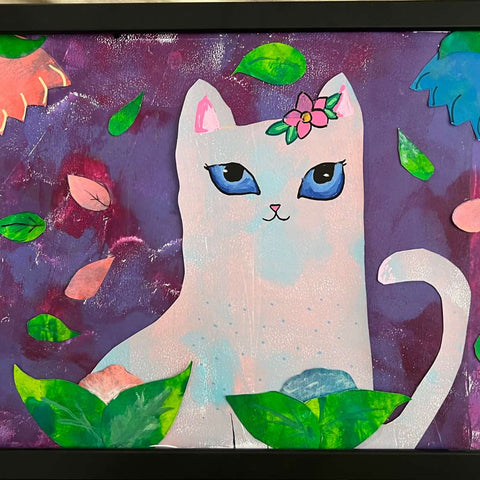 Dreamy Cat by Nazzah Nidhal Mixed media Painting Buy now on artezaar.com Online Art Gallery