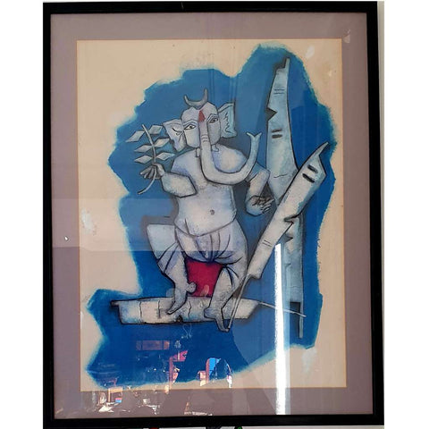 Dancing Ganesha: Tribute to M F Hussain Mixed Media Painting Buy Now on Artezaar.com Online Art Gallery Dubai UAE