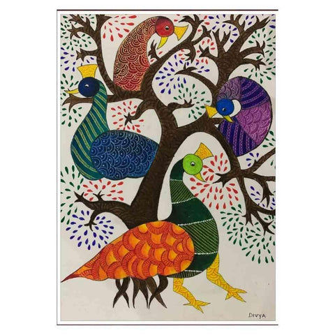 Peacocks Gond Style Of Indian Folk Art Mixed Media Painting Buy Now on Artezaar.com Online Art Gallery Dubai UAE