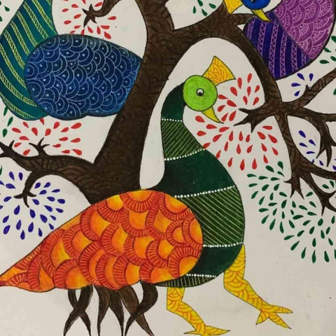 Peacocks Gond Style Of Indian Folk Art Mixed Media Painting Buy Now on Artezaar.com Online Art Gallery Dubai UAE