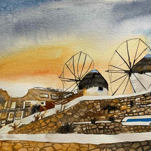 Vivid Windmills Watercolor Painting Buy Now on Artezaar.com Online Art Gallery Dubai UAE
